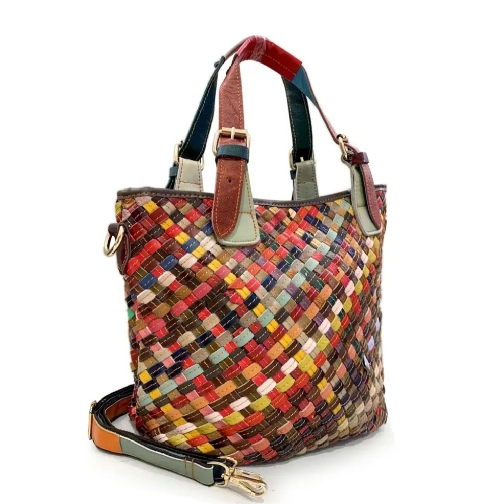 Leather Multicolor Woven Tote Bag